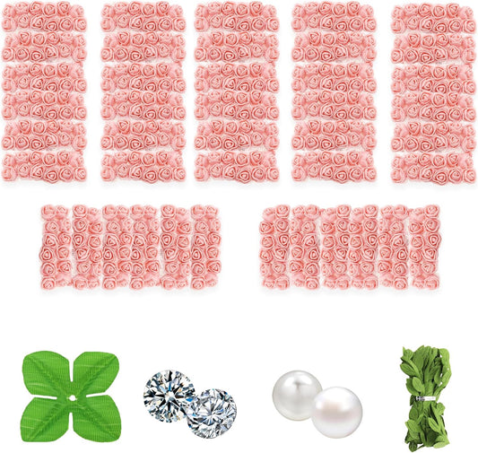 500 Pcs 0.6 Inch Mini Artificial Flowers Head Bulk 5 in 1 Set Faux Foam Fake Small Rose Tiny Baby Flores Bouquet Wreath Gift Hair Clip Home Decoration DIY Craft (Peach)