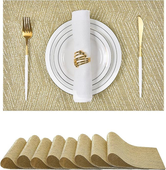 Leetaltree Gold Placemats Set of 8 - Heat Resistant Non-Slip Place mats for Dining Table, Washable Durable PVC Vinyl Woven Table Mats(Luxury Gold, 8)