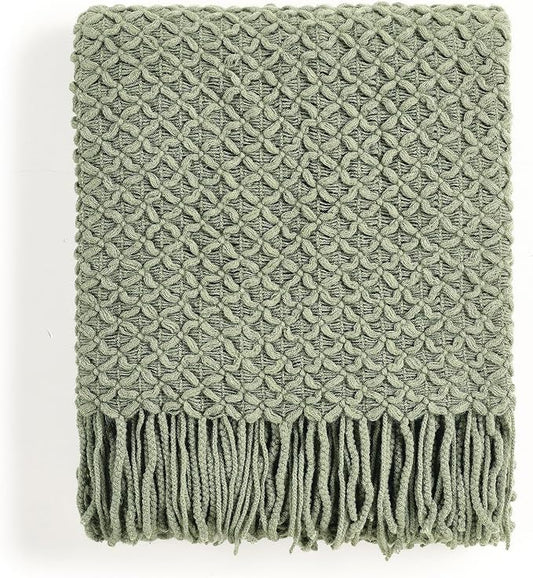 CREVENT Farmhouse Boho Knitted Throw Blanket for Couch Sofa Chair Bed Home Decoration, Soft Warm Cozy Light Weight for Spring Summer Fall (50''X60'' Sage Green)
