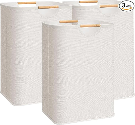 STORAGE MANIAC 3-Pack Large Laundry Hamper, 80L (21.1 Gal) Collapsible Laundry Basket with Bamboo Handles, Freestanding Waterproof Clothes Hamper for Laundry Room, Bedroom, Dorm, Towels, Beige