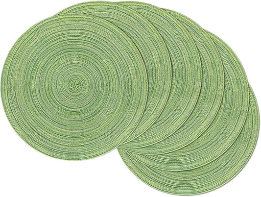 SHACOS Round Placemats Set of 6 for Dining Tables 15 inch Cotton Braided Placemats Washable Reversible for Kitchen Holiday Party (Mixed Color Pea Green, 6)