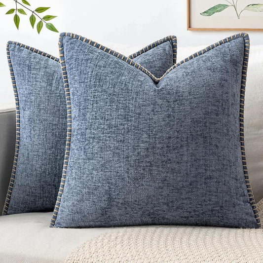 MIULEE Pack of 2 Couch Throw Pillow Covers 18x18 Inch Dark Grey Blue Farmhouse Decorative Pillow Covers with Stitched Edge Soft Chenille Solid Dyed Pillow Covers for Sofa Bed Living Room