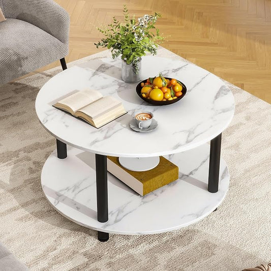 23.6" Round Coffee Table, 2-Tier Small Circle Coffee Table with Storage, Modern Center Accent Table with Metal Frame, Side Table End Table for Small Space, Living Room, Office, White