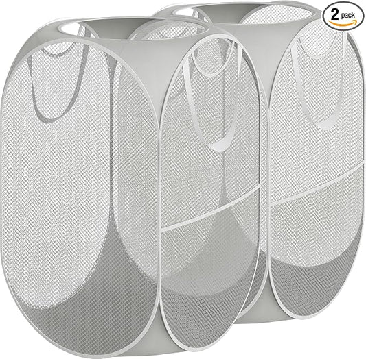 Simple Houseware Mesh Pop-Up Laundry Hamper Basket With Side Pocket, Gray - 2 Pack