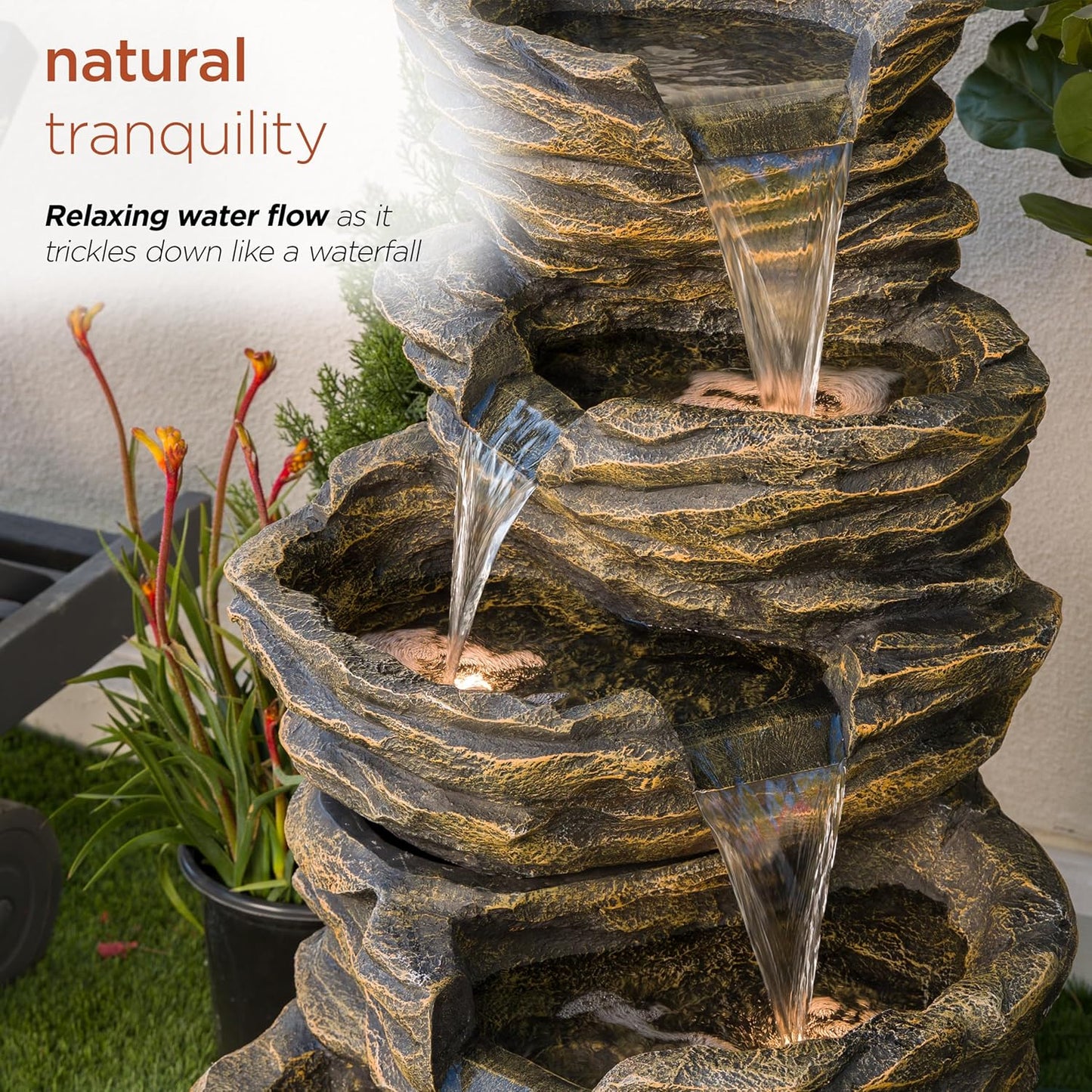 Alpine Corporation GIL110 Outdoor 5 Tiered Natural Look Rock Water Floor Fountain with Replaceable Lights,39" H, Brown