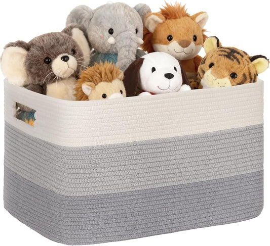 60L Laundry Basket with Leather Handles for Living Room Storage, Woven Rope Baskets Bin for Blanket, Kids Toy, Gifts, Wicker Hamper for Bedroom Dirty Clothes, Gradient Grey