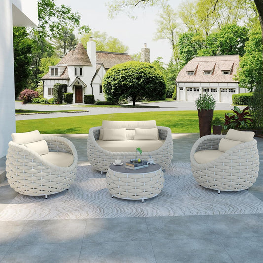 TWT Outdoor 4-Piece Conversation Set Rust Free Patio Furniture Set Already Assembled Compact-Weave Rope Olefin Modern Sofa Seating with Thick & Washable Cushions for Indoor, Backyard, Balcony, Cream