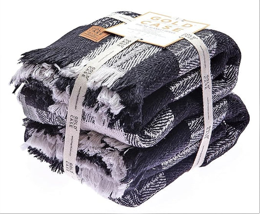 Gold CASE Throw Blanket for Couch – 100% Recycled Cotton – Vintage Throw Blankets for Living Room, Bed, & Outdoor – Decorative Boho Blankets & Throws – Soft Couch Drape – Buffalo Black Set (50”x60”)