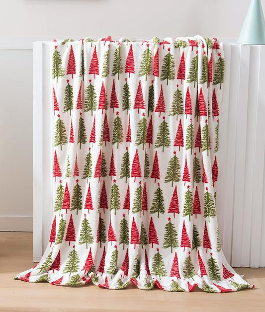 Elegant Comfort Luxury Velvet Super Soft Christmas Prints Fleece Blanket-Holiday Theme Home Décor Fuzzy Warm and Cozy Throws for Winter Bedding, Couch and Gift, 50 x 60 inch, Ivory Christmas Tree