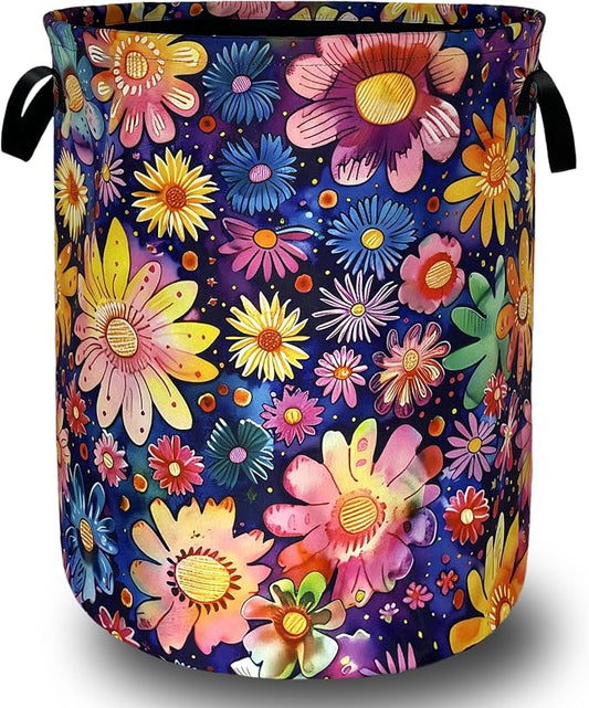 Abstract Hippie Flower Laundry Basket Watercolor Floral Laundry Hamper Foldable Oxford Cloth Colorful Tote Bag Clothes Toy Storage Bucket For Bathroom/Laundry Storage/Bedroom 18.9 x 16.5 Inch