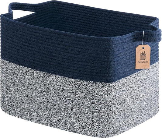 Goodpick Woven Baskets for Organizing, 18" x 14" x 12" Large Storage Basket for Living Room Bedroom, Decorative Toy Baskets Storage Kids Rectangle Blanket Basket with Handles, Dark Blue