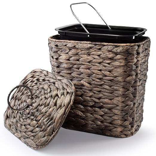 Tidita 1.5 Gallon Wicker Waste Basket with Lid, Removable Liner, Iron Frame | Water Hyacinth Construction, Hand-Woven, Removable Lid, Isolates Odors, Plastic Removable Liner, Iron Frame, Black Color
