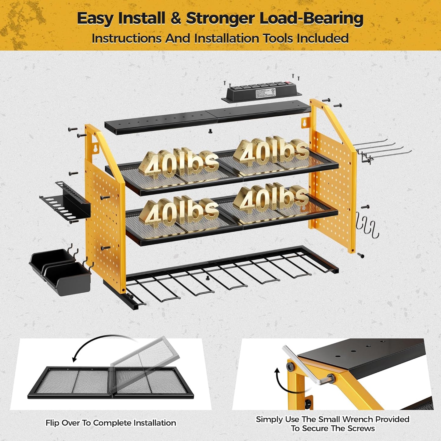 LBT Power Tool Organizer With Charging Station,Patented,Heavy Duty Steel,6 Drilling Rig Sizes With Hooks And Screw Boxes,6 sockets,Easy To Install Garage Storage Rack,Great Gift For Men, Yellow