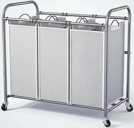 ROMOON Laundry Sorter Hamper 3 Section, Divided Laundry Basket Organizer with Heavy Duty Lockable Wheels and Removable Bags, Rolling Clothes Hamper for Apartment, Dorm & Family (135L Neutral Gray)