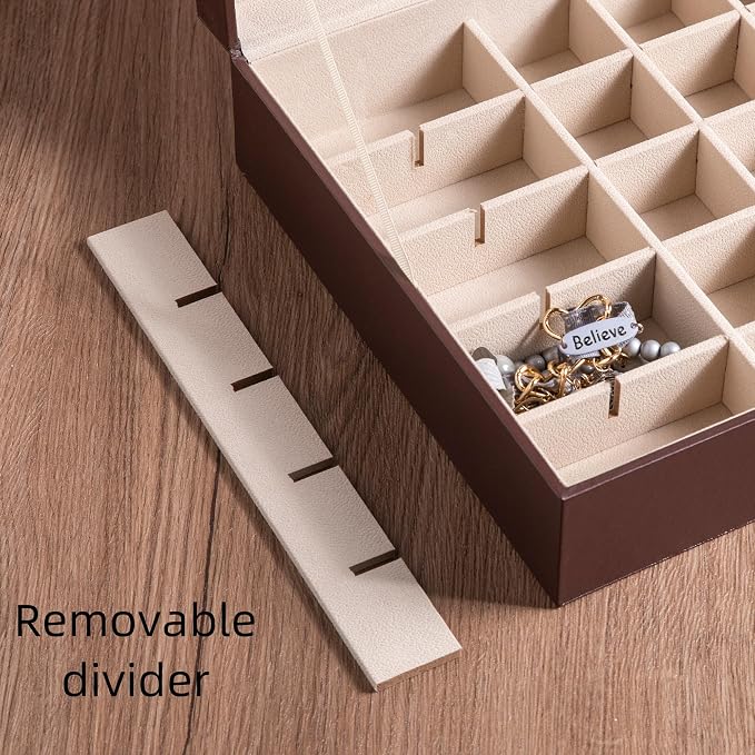 Frebeauty Earring Organizer Classic Jewelry Box 50 Slots Double Layer Jewelry Storage Case with 6 Necklace Hook and Bracelet Pocket(Dark Brown)