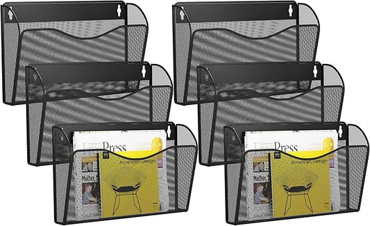 6 Single Pocket Wall File Holder, Mesh Hanging File Folder Paper Organizer, Vertical Wall Mounted Mail Basket, Storage Organization Magazine Rack for Office, Home and School, Black