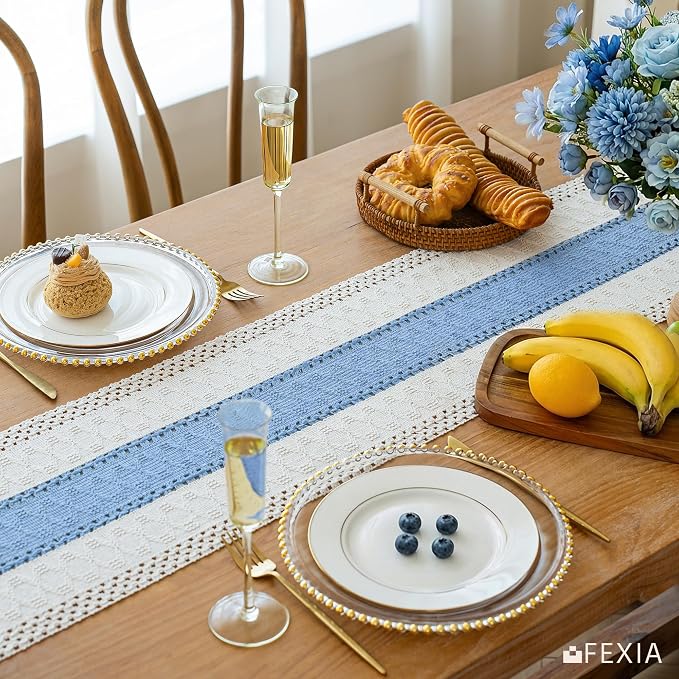 FEXIA Summer Table Runner Light Blue for Home Decor with Tassels 72 Inches Farmhouse Long Rustic Table Runner Macrame Burlap Centerpieces for Tables Decoration for Baby Shower(12x72 Inches)