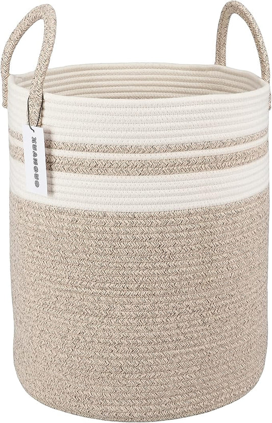 XUANGUO Cotton Rope Laundry Basket Hamper for Clothes Woven Storage Basket for Living Room Bedroom Boho Tall Rope Baskets for Blanket Toys Pillow Towels Baby Nursery Hamper Bin Large brown and white