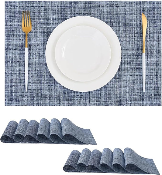 Leetaltree Deep Navy Woven Placemats Set of 12 - Heat Resistant Non-Slip Place mats for Dining Table, Washable Durable PVC Vinyl Woven Table Mats(Deep Navy, 12)