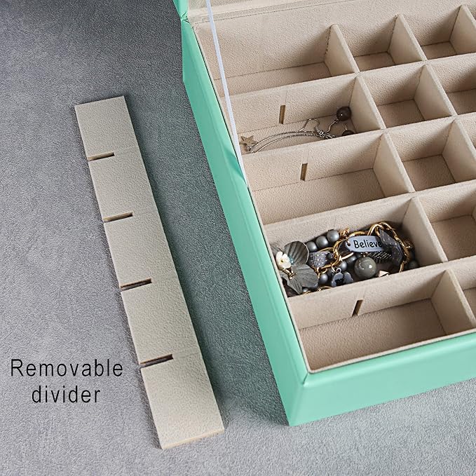 Frebeauty Earring Organizer Classic Jewelry Box 50 Slots Double Layer Jewelry Storage Case with 6 Necklace Hook and Bracelet Pocket(Turquoise)