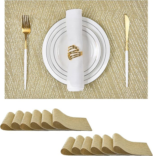 Leetaltree Gold Placemats Set of 12 - Heat Resistant Non-Slip Place mats for Dining Table, Washable Durable PVC Vinyl Woven Table Mats(Luxury Gold, 12)