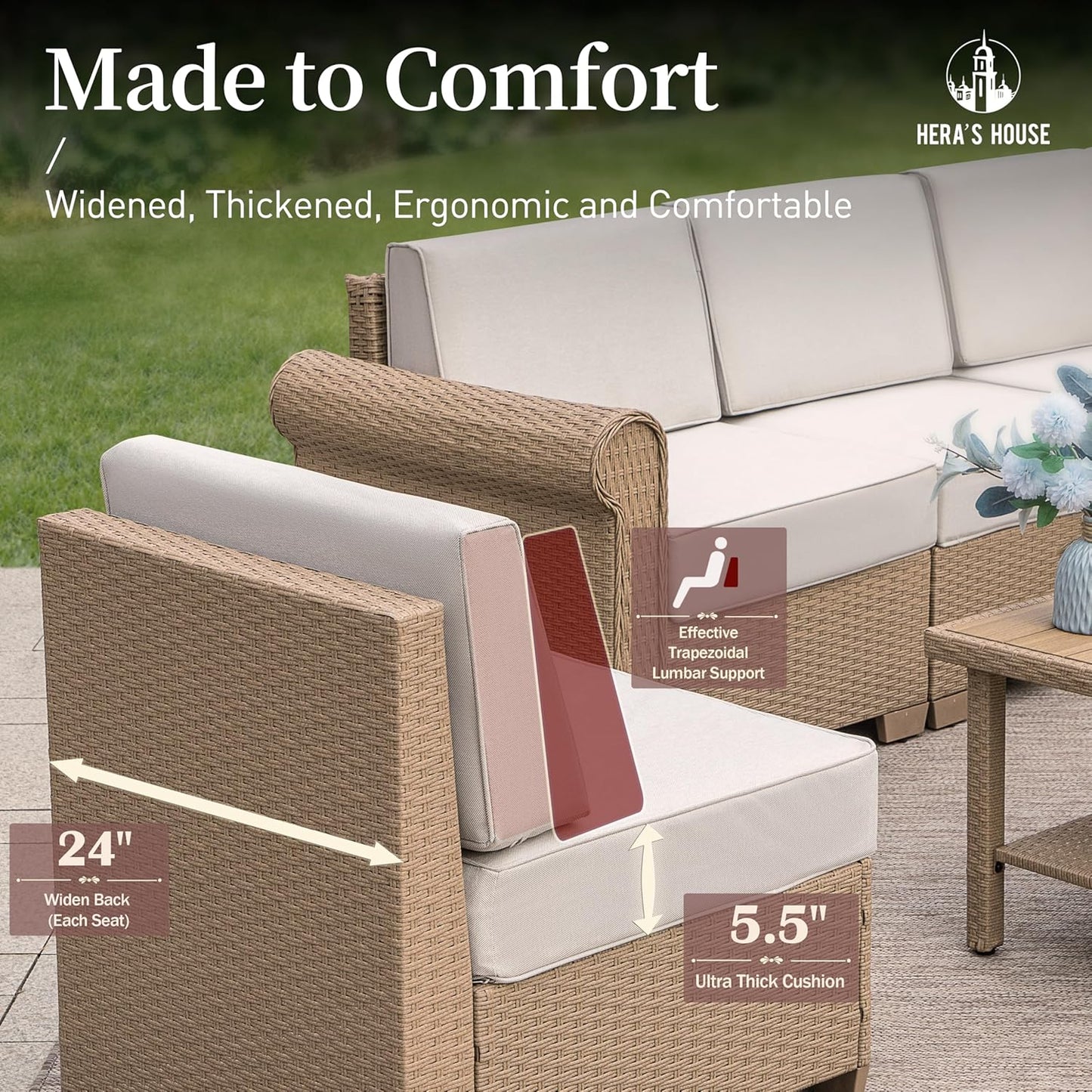 HERA'S HOUSE 6 Piece Patio Furniture Set, Outdoor Sectional Wicker Sofa with 44" Coffee Table, 5.5" Thick Waterproof Cushion All Weather 5 Seats Modular Conversation Couch Set for Garden Deck Backyard