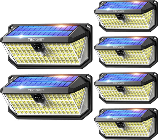 TECKNET 461 LED Solar Powered Outdoor Lights, 270° Angle & 3 Lighting Modes Motion Sensor Light Outdoor, Security Solar Lights Waterproof for Fence Front Door Yard Deck Garden Garage House - 6 Pack