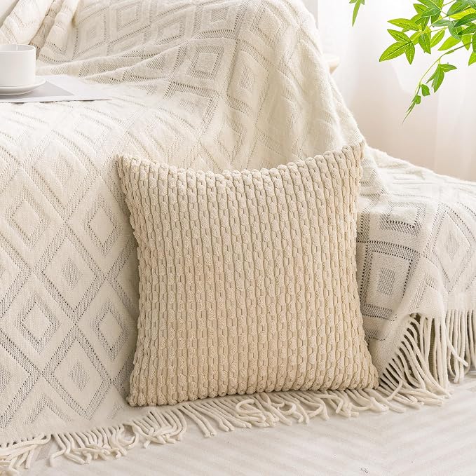 Set of 4 Beige Brown Coffee Decorative Throw Pillow Covers 24x24 Inch Corduroy Pillow Covers for Bed Couch Sofa Living Room Soft Square Cushion Cases