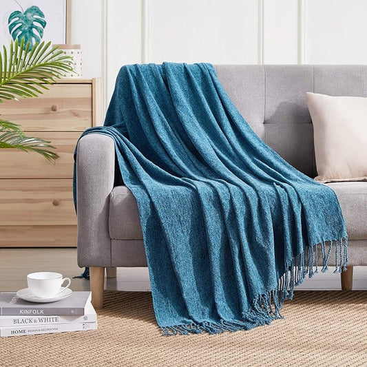 BOURINA Chenille Throw Blanket with Decorative Fringe for Couch Sofa Chair Blanket (50x60 Inches) Dark Blue
