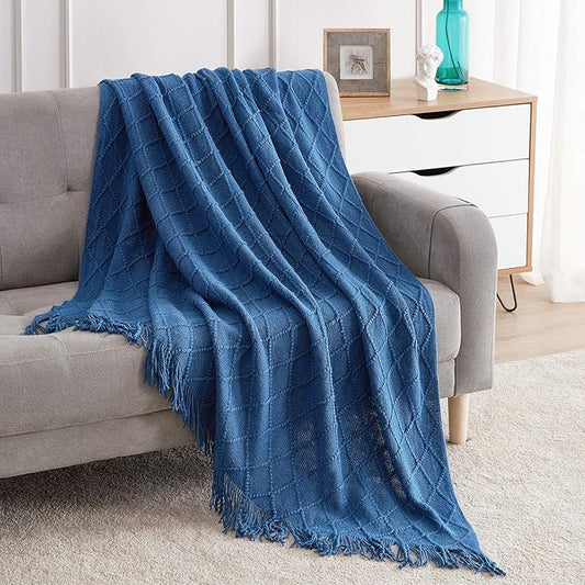 BOURINA Royal Blue Throw Blanket 60x80 Inches Throw Textured Solid Soft Sofa Throw Couch Knitted Decorative Blanket
