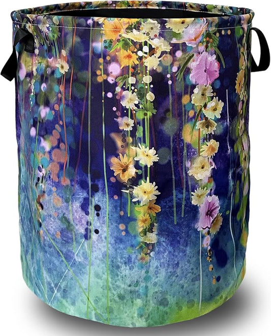 Beautiful Blue Green Floral Laundry Basket Foldable With Handles Tote Bag Oxford Cloth Colorful Laundry Hamper Clothes Storage Bucket Toy Organizer 18.9"x16.5" For Bathroom/Laundry/Bedroom