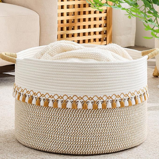 KAKAMAY Cotton Rope Storage Basket (20"x13"),Woven Hamper for Blankets,Toys,Pillows,Clothes,Laundry,Sturdy Handles Decorative Basket for Living Room, Bedroom,Nursery(Brown/Grey)