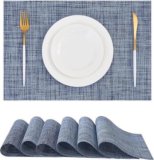 Leetaltree Deep Navy Woven Placemats Set of 6 - Heat Resistant Non-Slip Place mats for Dining Table, Washable Durable PVC Vinyl Woven Table Mats(Deep Navy, 6)