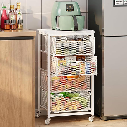 4-Tier Kitchen Storage Cart - Fruit Vegetable Storage Cart with Drawers, Wooden Top Metal Wire Kitchen Organizer and Storage Cart with Wheels to Storage Onions Potatoes Cans Snacks for Kitchen