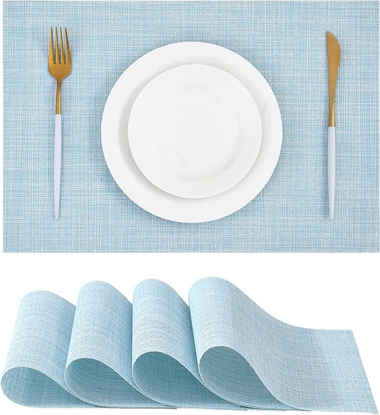 Leetaltree Soft Sky Blue Woven Placemats Set of 4 - Heat Resistant Non-Slip Place mats for Dining Table, Washable Durable PVC Vinyl Woven Table Mats(Sky Blue, 4)