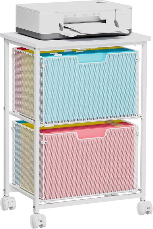 Sbanmao Letter/Legal Rolling File Cabinet, Rolling File Cart with 2 Drawers Filing Cabinet for Home Office, Hanging File Folders Organizer for Under Desk Storage, Mobile Printer Stand, White