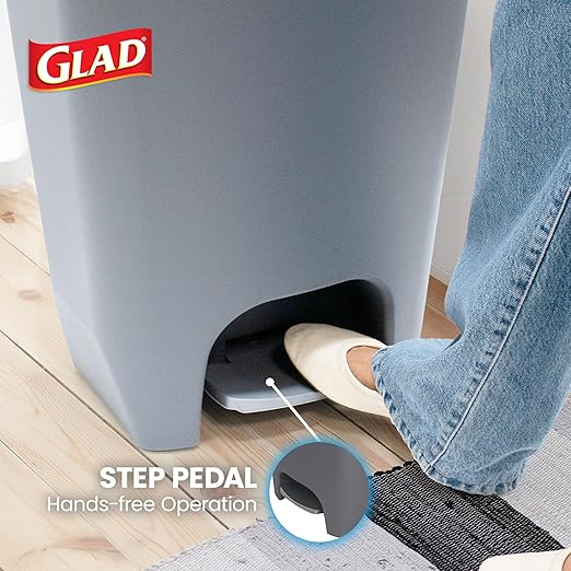 Glad 13 Gallon Trash Can with Clorox Odor Protection | Plastic Kitchen Waste Bin | Hands Free with Step On Foot Pedal and Garbage Bag Rings, Grey