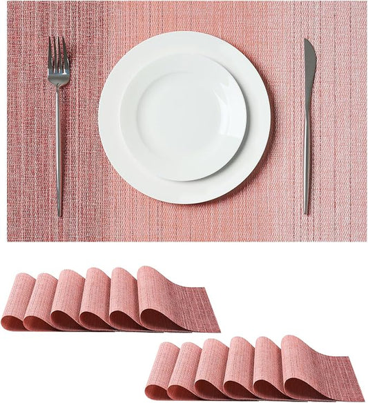 Leetaltree Gradient Pink Woven Placemats Set of 12 - Heat Resistant Non-Slip Place mats for Dining Table, Washable Durable PVC Vinyl Woven Table Mats(Gradient Pink, 12)