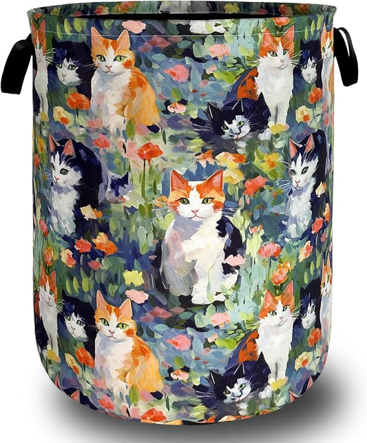 Watercolor Cats Laundry Hamper Foldable Oxford Cloth Cute Animal Cat Laundry Basket With Handle Portable Clothes Storage Organizer Basket 18.9"x16.5" Storage Bag For Laundry Room/Bathroom/Bedroom