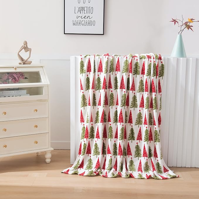 Elegant Comfort Luxury Velvet Super Soft Christmas Prints Fleece Blanket-Holiday Theme Home Décor Fuzzy Warm and Cozy Throws for Winter Bedding, Couch and Gift, 50 x 60 inch, Ivory Christmas Tree