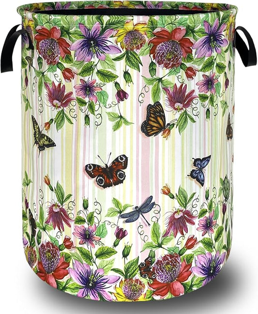 Beautiful Flowers Butterfly Laundry Basket Colorful Floral Laundry Hamper Foldable Oxford Cloth Cute Flower Tote Bag Clothes Toy Storage Bucket For Bathroom/Laundry Storage/Bedroom 18.9 x 16.5 Inch