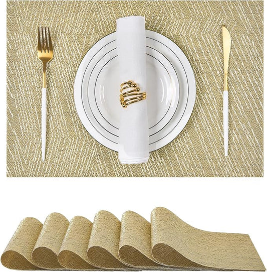 Leetaltree Gold Placemats Set of 6 - Heat Resistant Non-Slip Place mats for Dining Table, Washable Durable PVC Vinyl Woven Table Mats(Luxury Gold, 6)
