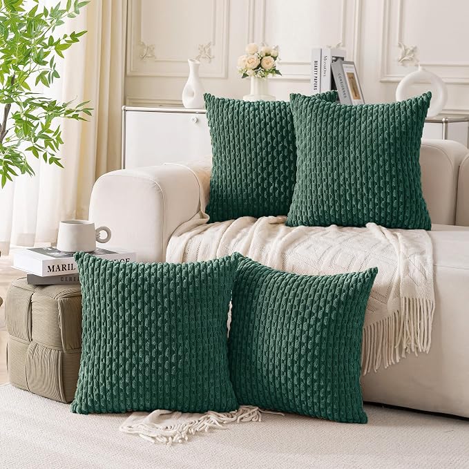 Set of 4 Dark Green Decorative Throw Pillow Covers 18x18 Inch Corduroy Pillow Covers for Bed Couch Sofa Living Room Soft Square Cushion Cases