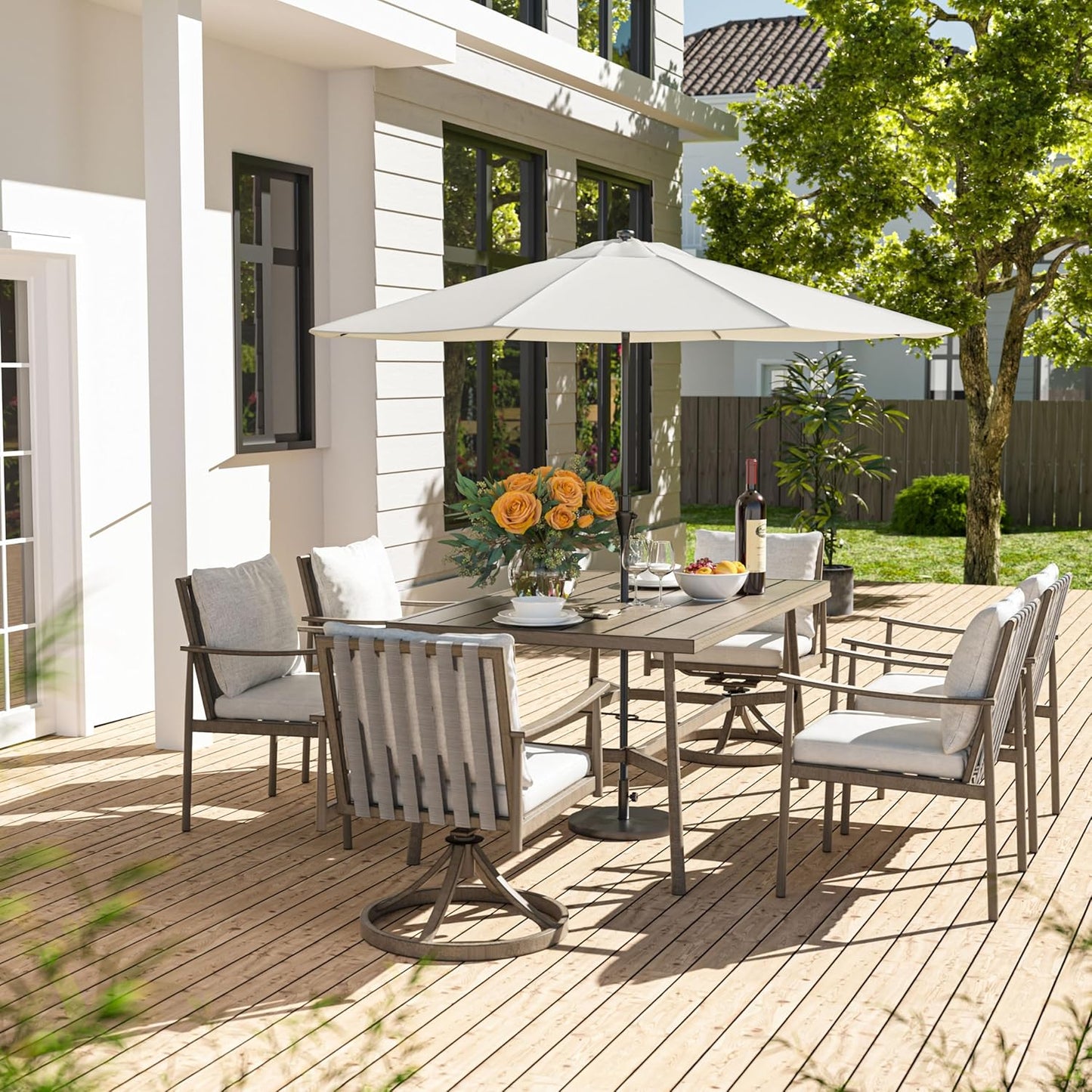HAPPATIO Patio Table for 6, Large Modern Rectangle Outdoor Dining Table with Umbrella Hole and Adjustable Feet, All Weather Aluminum Patio Table for Garden, Backyard and Poolside, Grey