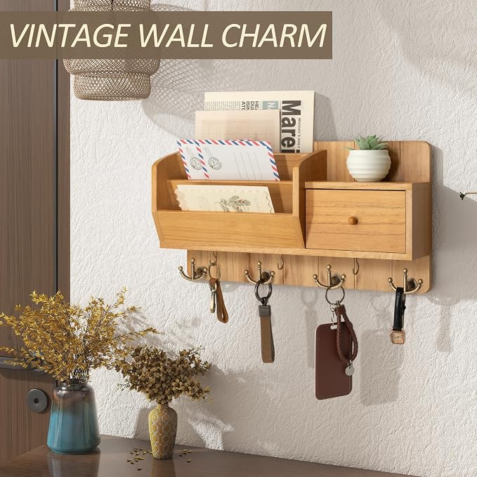 Rebee Vision Key Holder Wall Mount with Mail Organizer - Modern Farmhouse Key and Mail holder for Wall with Wall Hooks and Drawer - Apartment Essentials for Home Decor Aesthetic(Light Brown)