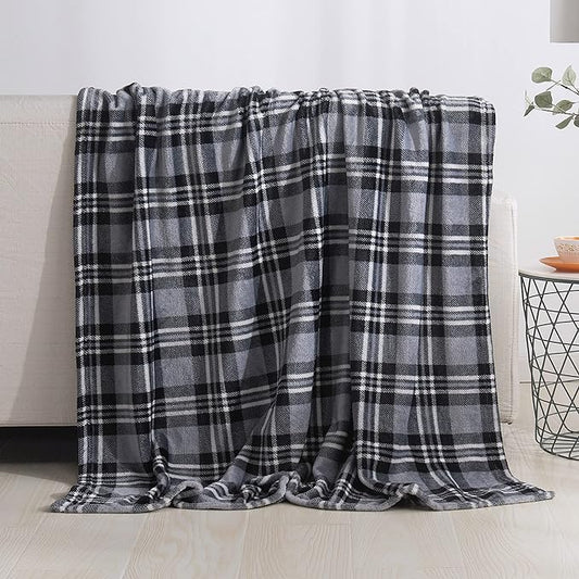 Elegant Comfort Luxury Velvet Super Soft Christmas Prints Fleece Blanket-Holiday Theme Home Décor Fuzzy Warm and Cozy Throws for Winter Bedding, Couch and Gift, 50 x 60 inch, Gray Plaid Throw