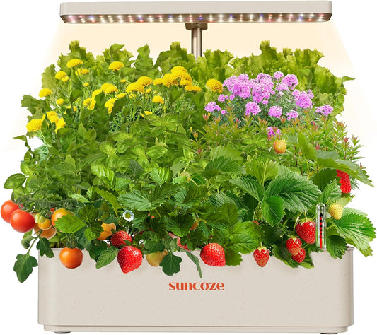 SUNCOZE Hydroponics Growing System Kit 12 Pods, 24W LED Grow Light Indoor Garden, 4L Water Tank with Quiet Pump, Adjustable Height Herb Garden Planter Indoor Kit, Gardening Gifts, Beige