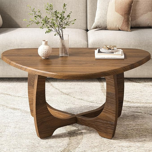 Coffee Table for Living Room - Mid Century Modern Coffee Tables with Triangle Top, Unique Small Round Coffee Table, Wood Oval Tea Table with Solid Legs for Bedroom, 35.8"x 22.5" x 16.2" Walnut