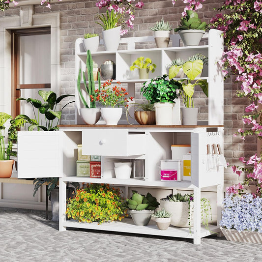 Outdoor Potting Bench-Fir Wood Garden Work Table with Hutch &Storage-Rustic Planting Station for Backyard, 50.2"x19.7" x66.1" (Natural) (White + Wood + Country Style)
