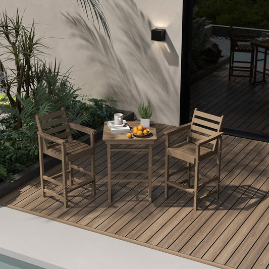 Outdoor Bar Set, 3-Piece HDPE Balcony Set with 2 Tall Adirondack Chairs and Bar Table, All-Weather Bar Height Stools for Patio, Backyard, Poolside (Brown)